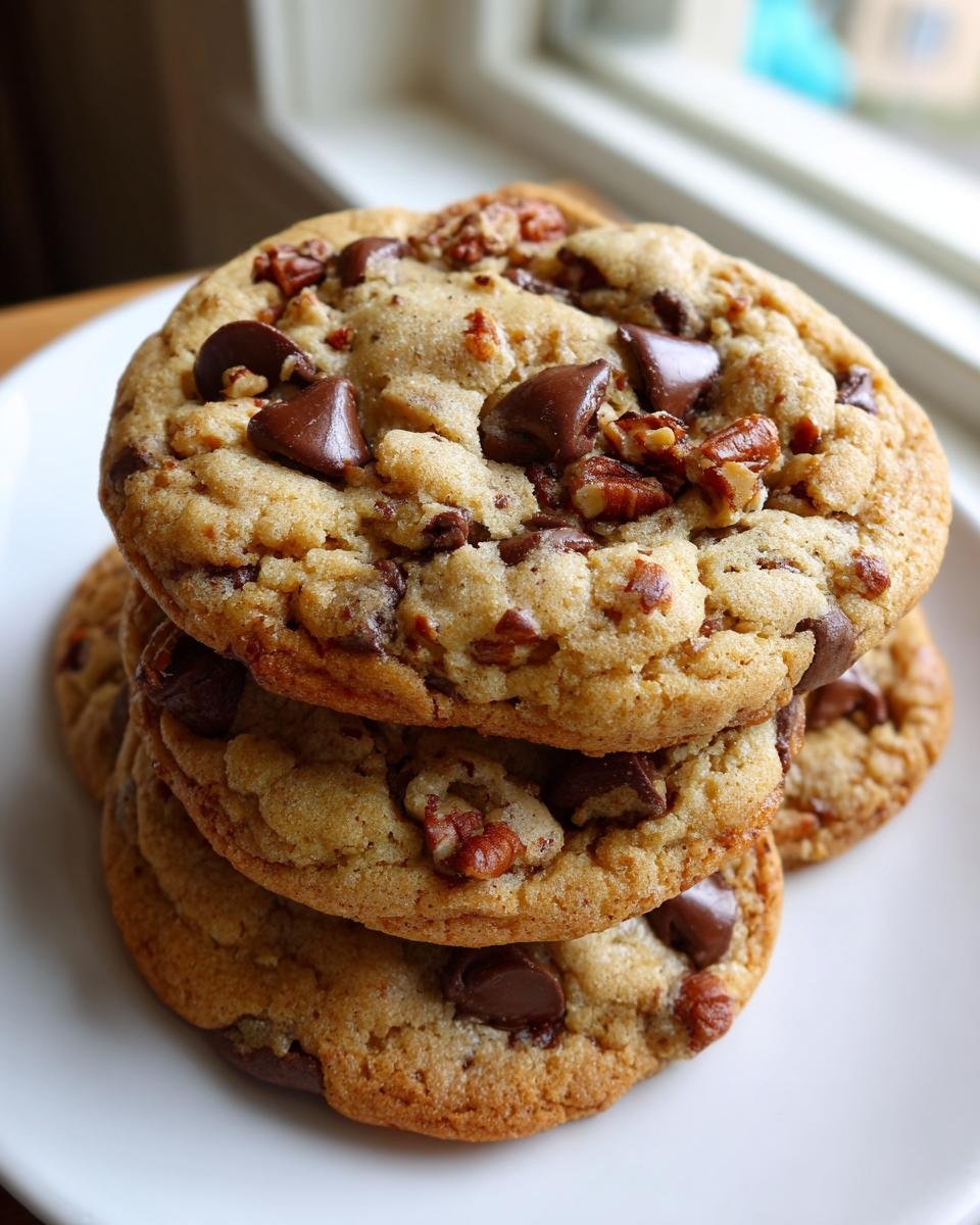 A close-up stack of three soft, chewy Grandmas Chocolate Chip Pecan Cookies on a white plate.