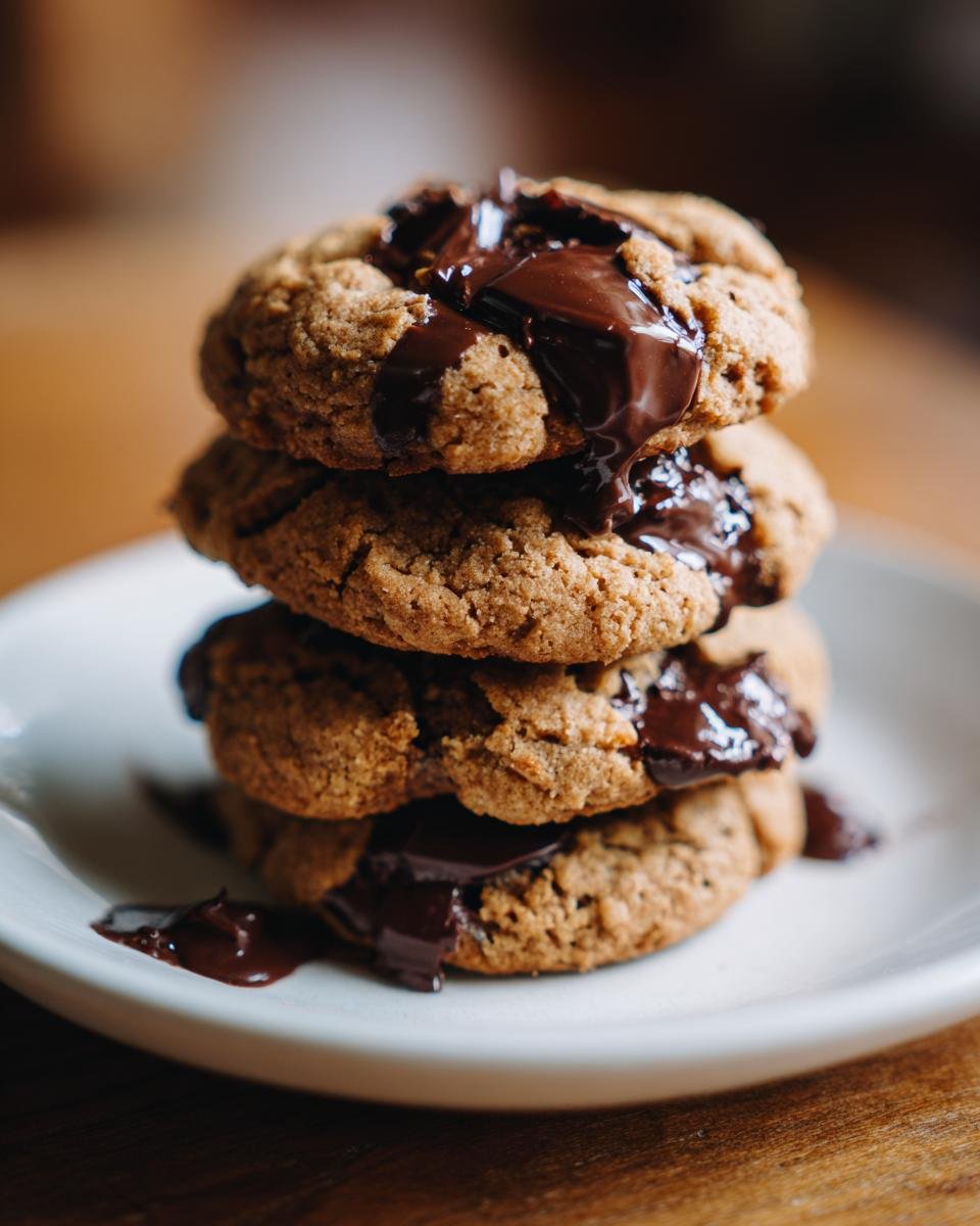 A stack of four thick Vegan Chocolate Chip Cookies drizzled with melted dark chocolate.