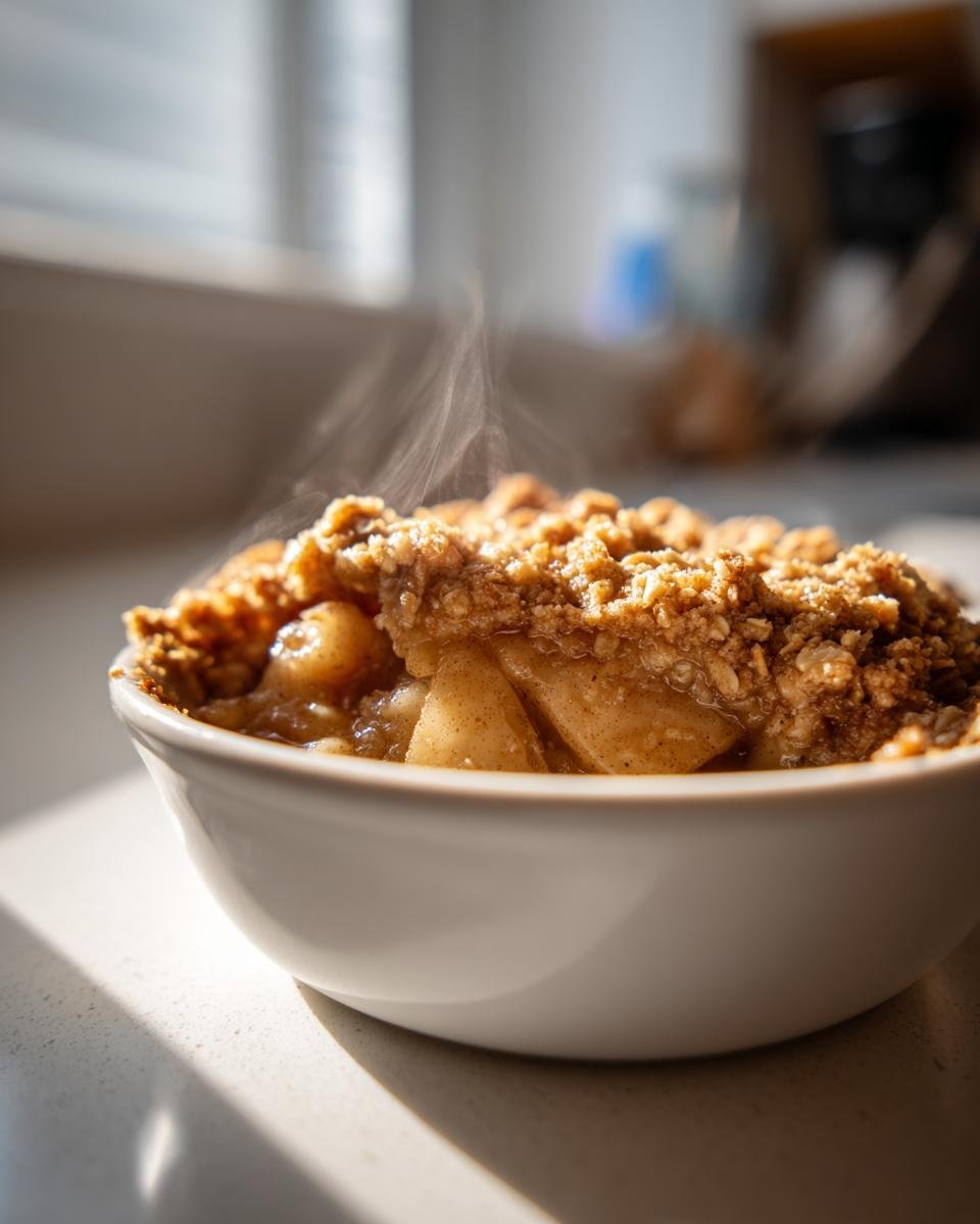 Close-up of a steaming serving of Vegan Gluten Free Apple Crisp with a crunchy oat topping in a white bowl.