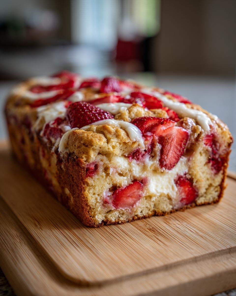 A close-up of a baked loaf of Strawberry Shortcake Baked Oats, with visible strawberries and a creamy swirl.