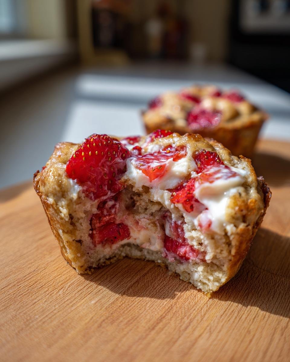 A close-up of a Strawberry Shortcake Baked Oats muffin with a bite taken out, revealing creamy filling and strawberries.