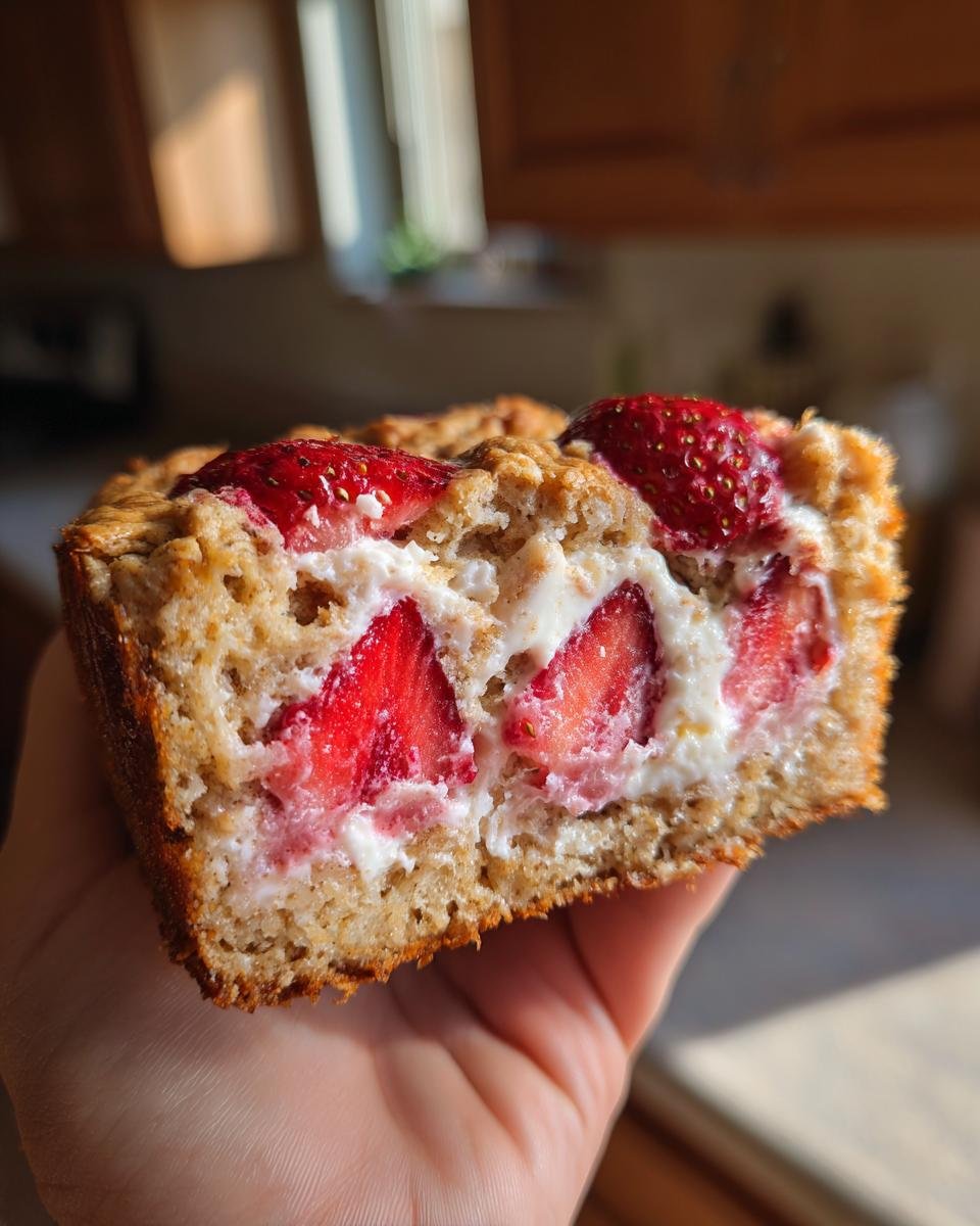 A slice of Strawberry Shortcake Baked Oats held in a hand, revealing fresh strawberries and creamy filling.