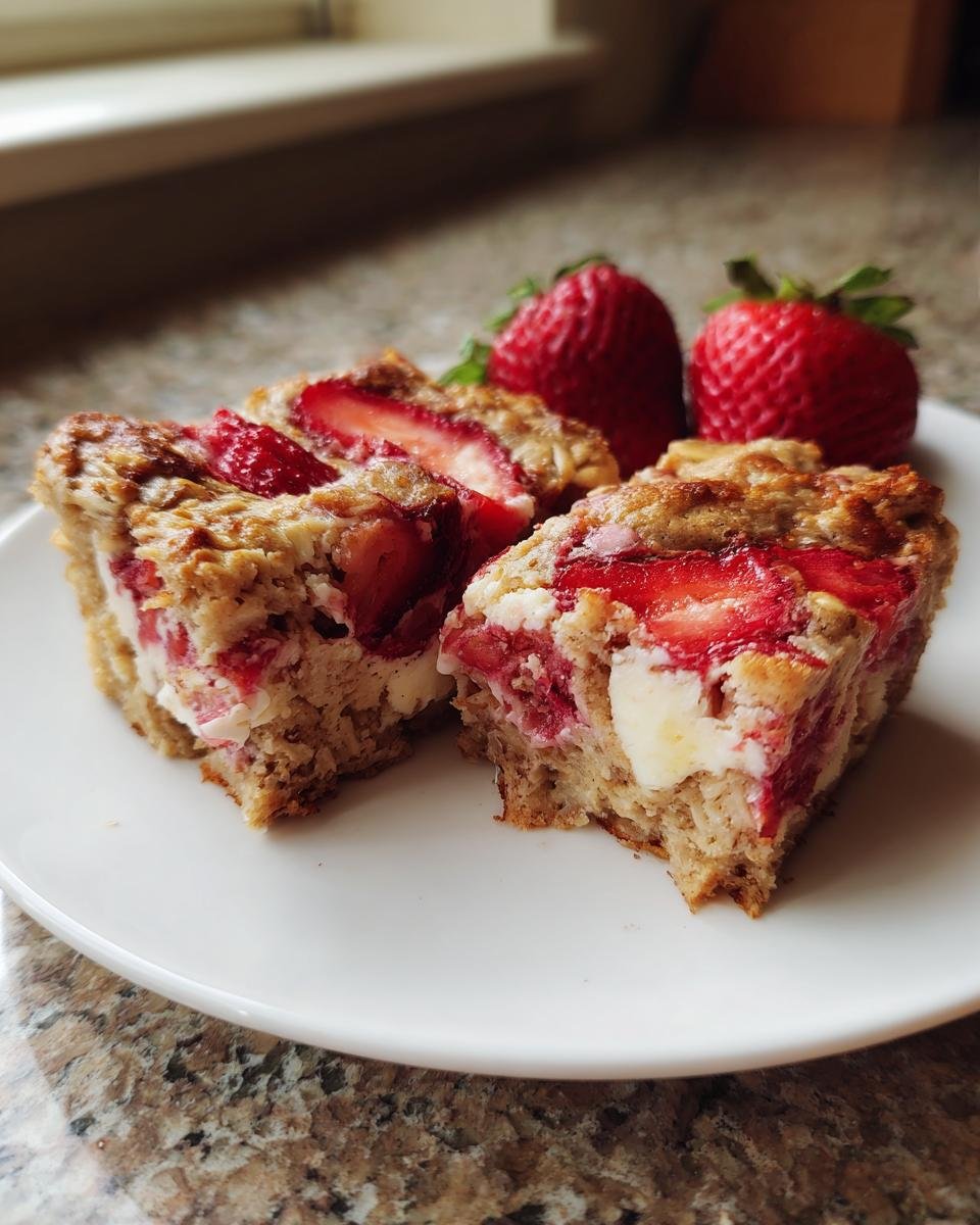 Two slices of Strawberry Shortcake Baked Oats on a white plate with fresh strawberries in the background.