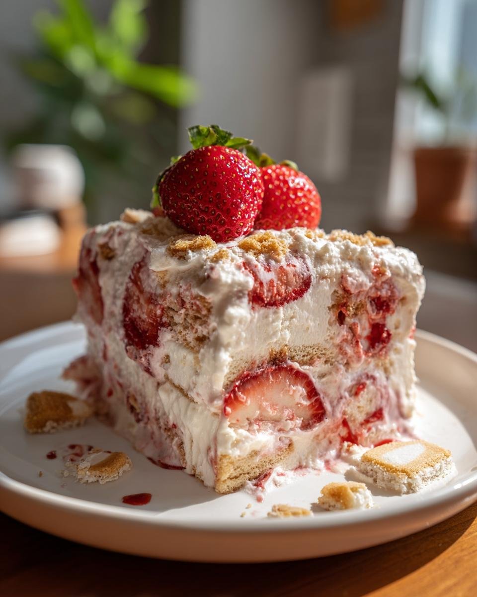 A slice of The Best Strawberry Shortcake Ice Cream, layered with biscuits, whipped cream, and fresh strawberries, topped with more strawberries.