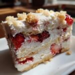 A delicious slice of The Best Strawberry Shortcake Ice Cream, layered with cake, cream, and fresh strawberries.