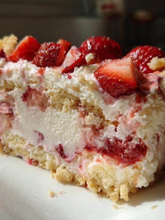 A delicious slice of The Best Strawberry Shortcake Ice Cream, featuring layers of cake, creamy filling, and fresh strawberries.