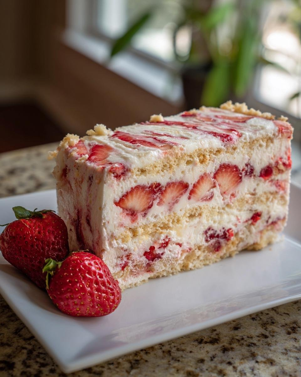 A slice of The Best Strawberry Shortcake Ice Cream cake, layered with cake, cream, and fresh strawberries.
