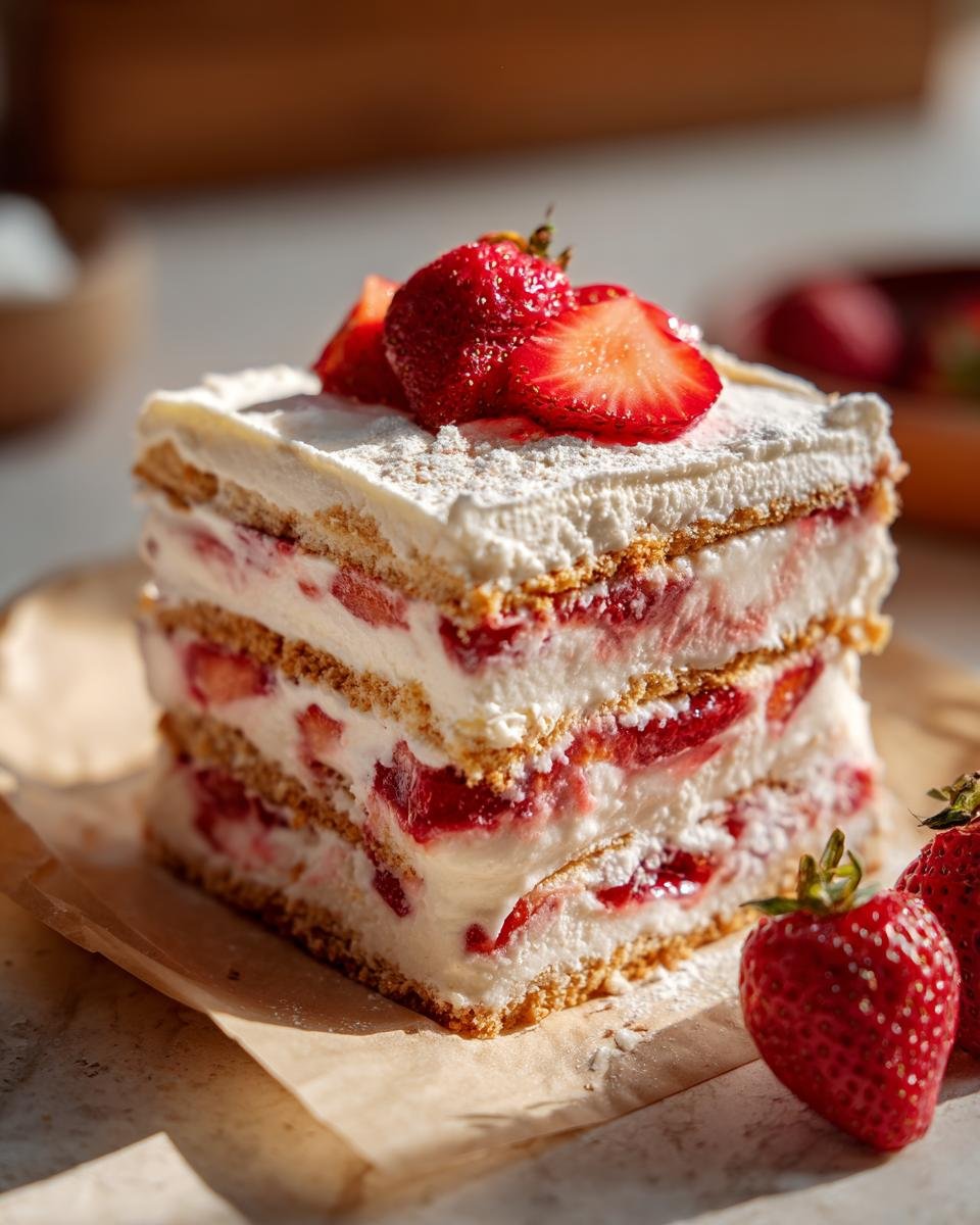 A delicious slice of The Best Strawberry Shortcake Ice Cream, layered with cake, cream, and fresh strawberries.
