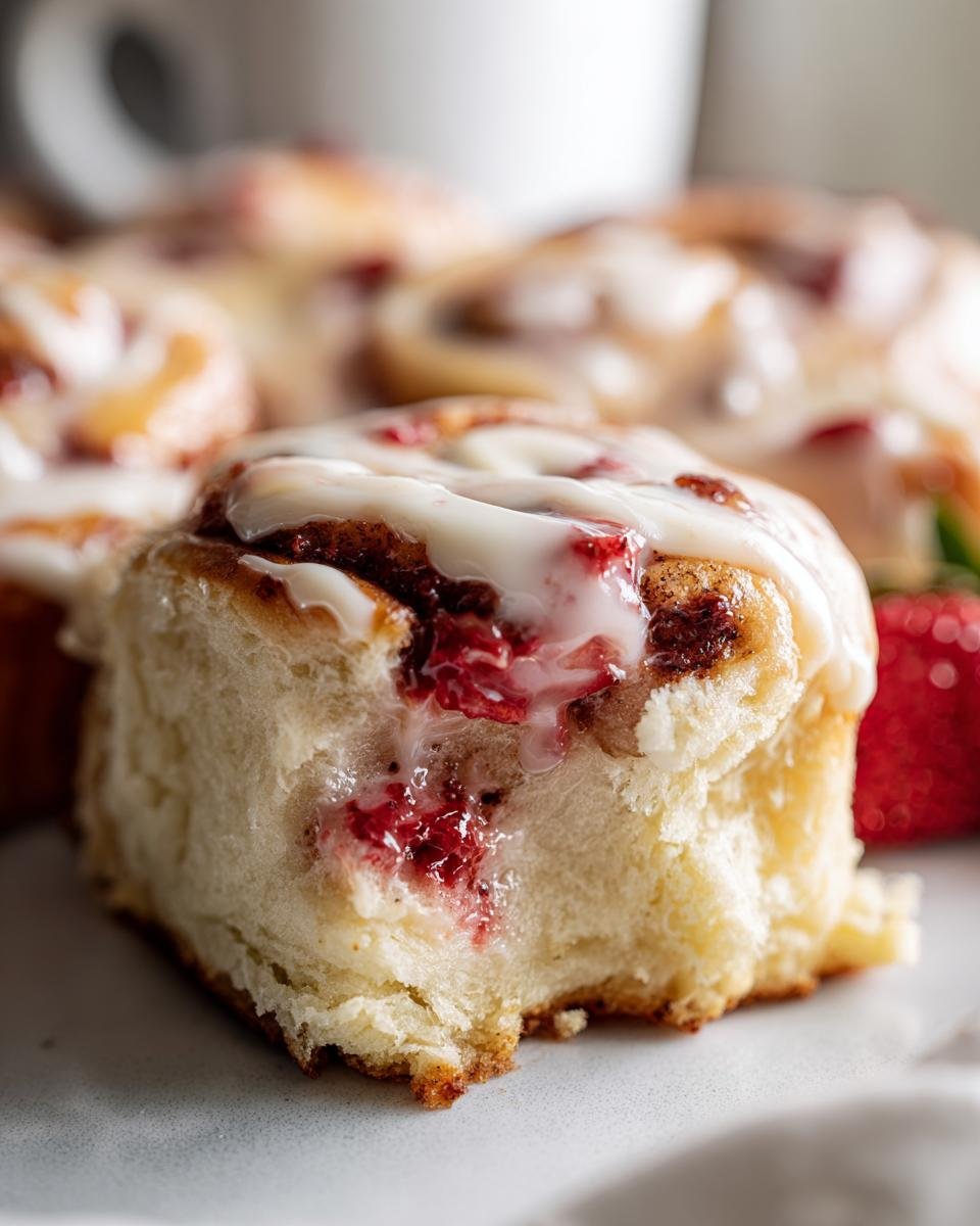 Close-up of a bite taken out of a fluffy Strawberry Sweet Roll with Lemon Cream Cheese Glaze, showing the strawberry filling.