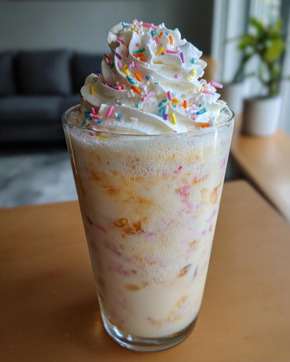 A tall glass filled with a creamy Sugar Cookie Mocktail, topped generously with whipped cream and colorful sprinkles.