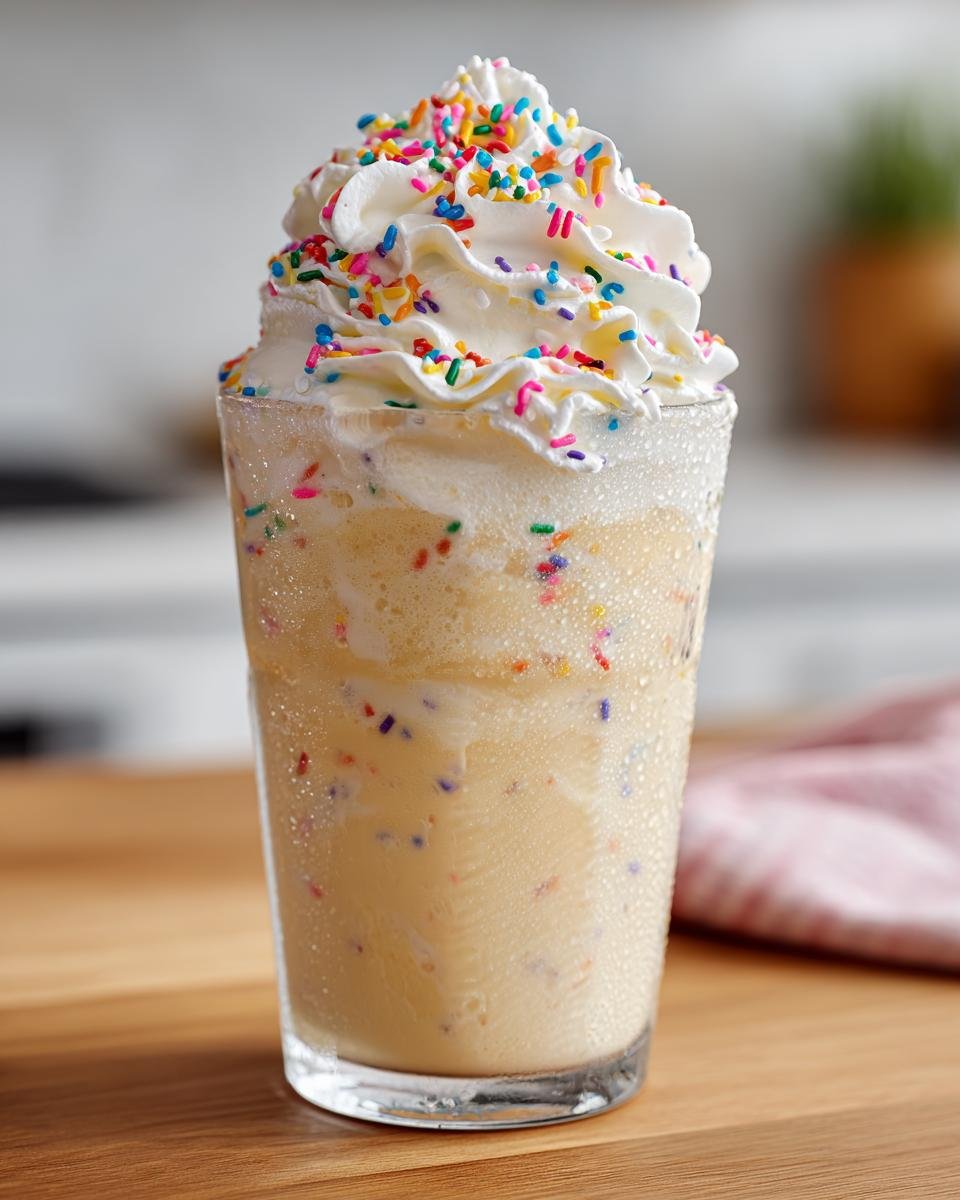 A tall glass of frosty Sugar Cookie Mocktail topped with whipped cream and colorful sprinkles.
