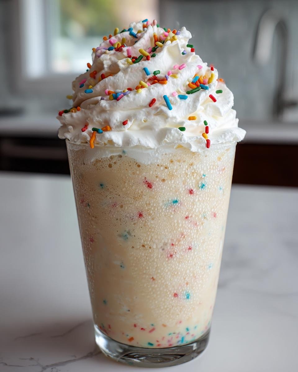 A tall glass filled with a creamy Sugar Cookie Mocktail topped with whipped cream and colorful sprinkles.