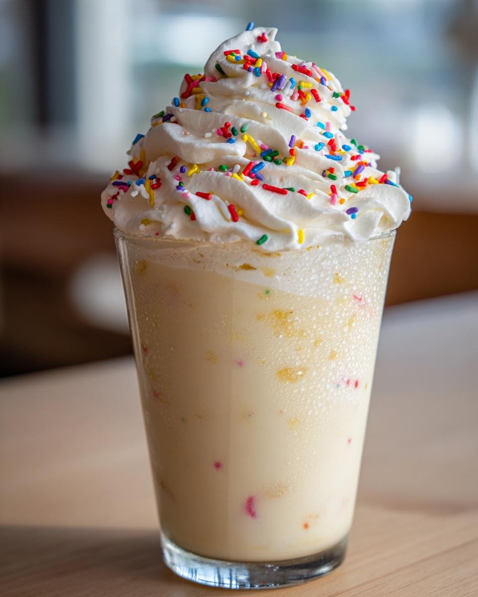 A tall glass of creamy Sugar Cookie Mocktail topped with a swirl of whipped cream and colorful sprinkles.