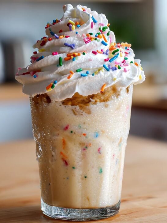 A tall glass filled with a creamy, blended Sugar Cookie Mocktail, topped high with whipped cream and colorful sprinkles.
