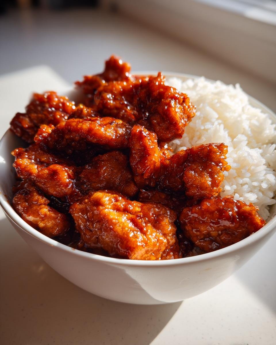 A bowl filled with glistening takeout orange chicken and fluffy white rice.