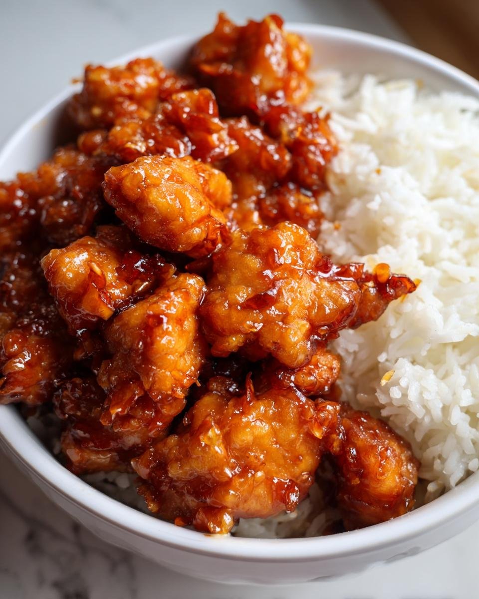 A close-up of crispy takeout orange chicken pieces coated in a glossy sauce, served next to fluffy white rice in a bowl.