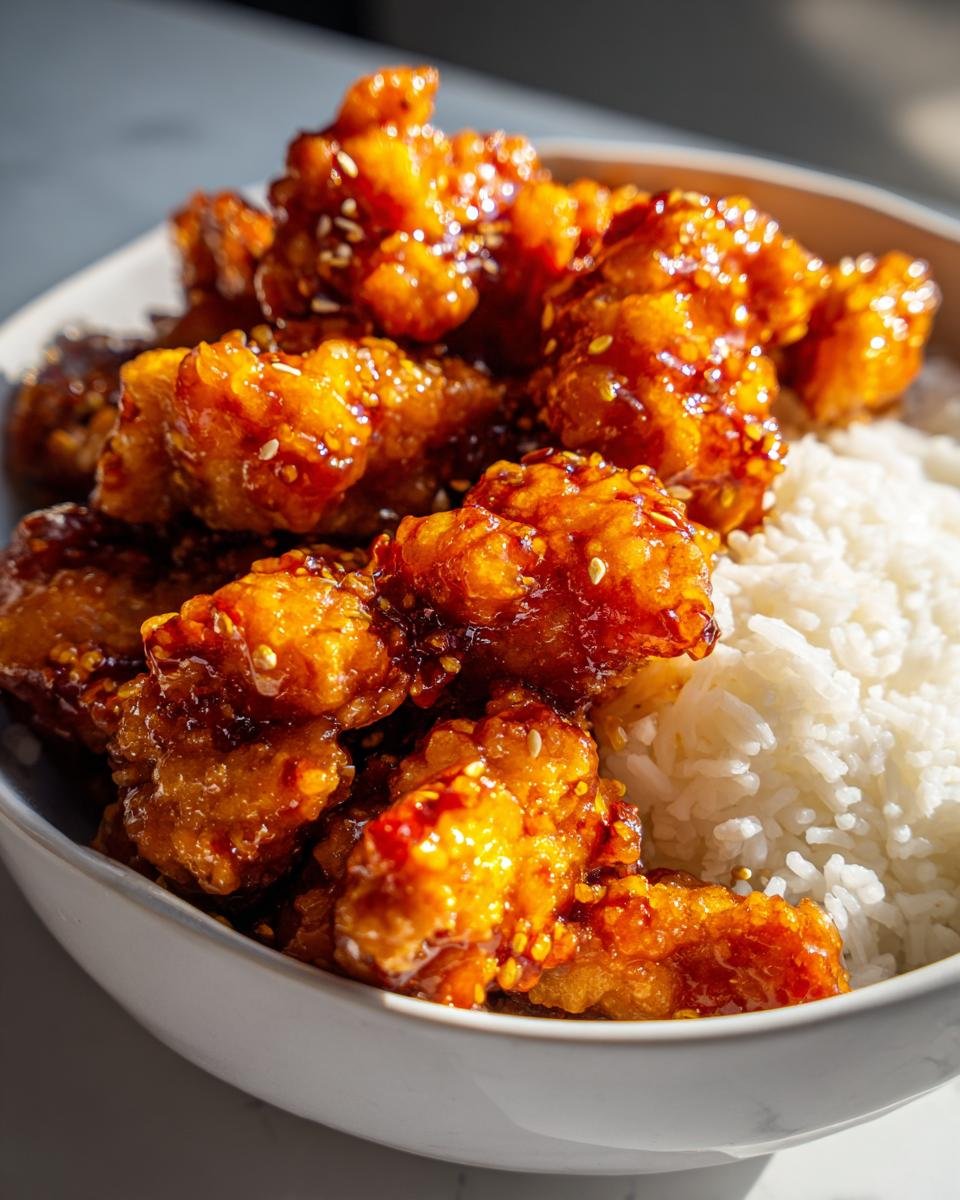 A bowl filled with fluffy white rice and glistening pieces of takeout orange chicken, sprinkled with sesame seeds.