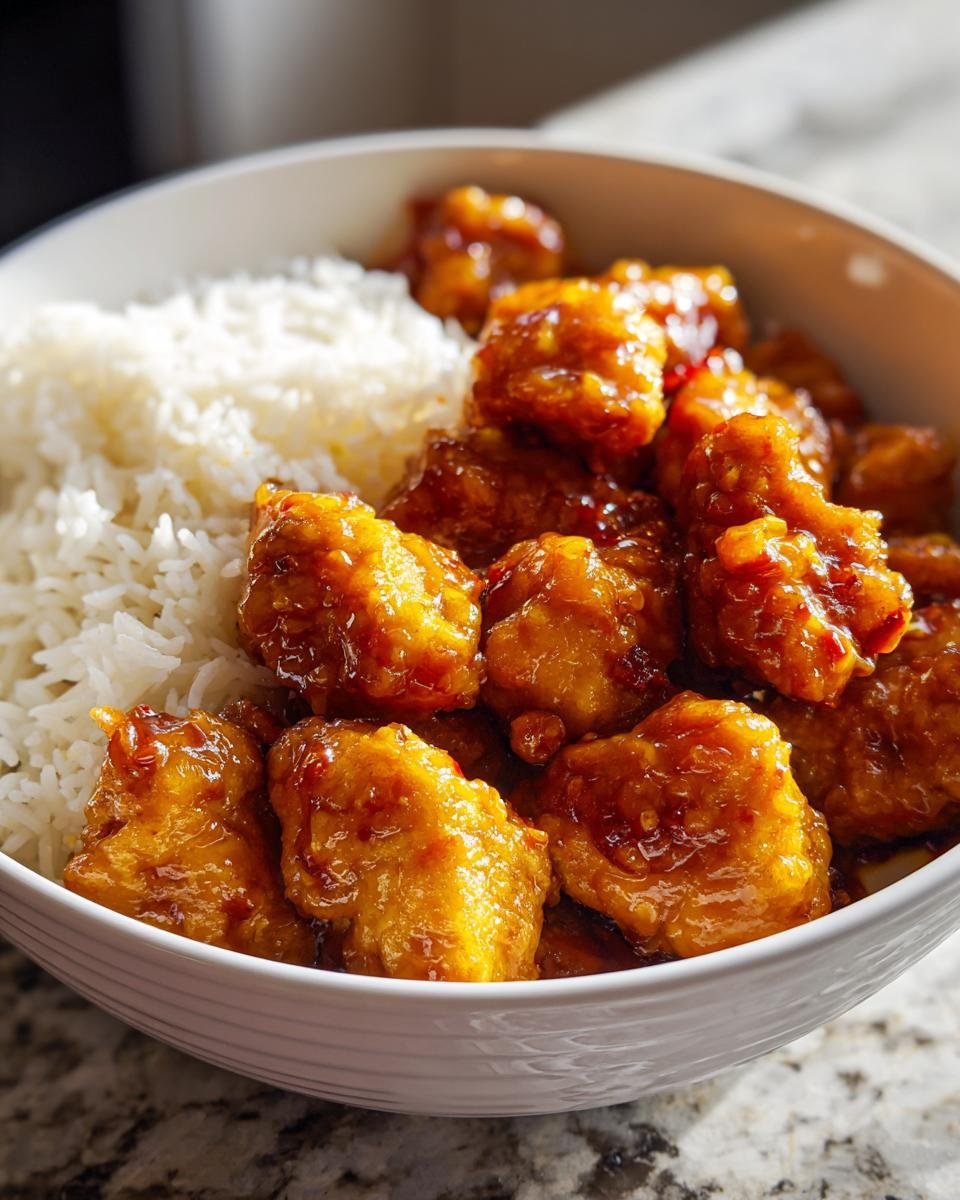 A bowl filled with fluffy white rice and glistening pieces of takeout orange chicken.