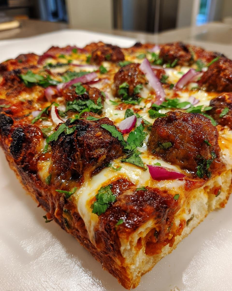 Close-up of a thick-crust slice of Best Texas BBQ Sriracha Meatball Pizza topped with meatballs and cheese.