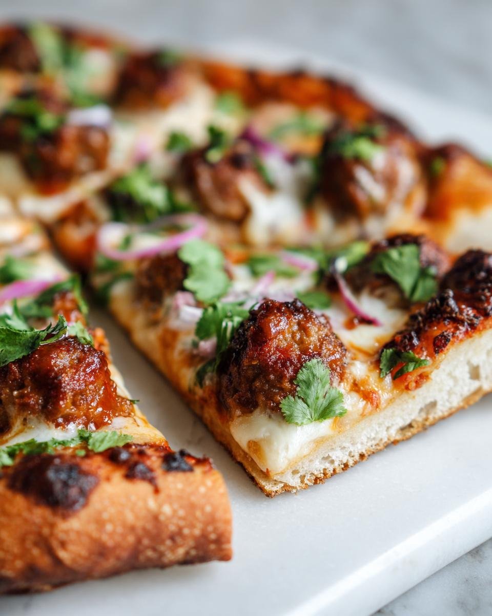 Two slices of Best Texas BBQ Sriracha Meatball Pizza featuring meatballs, melted cheese, red onion, and cilantro.