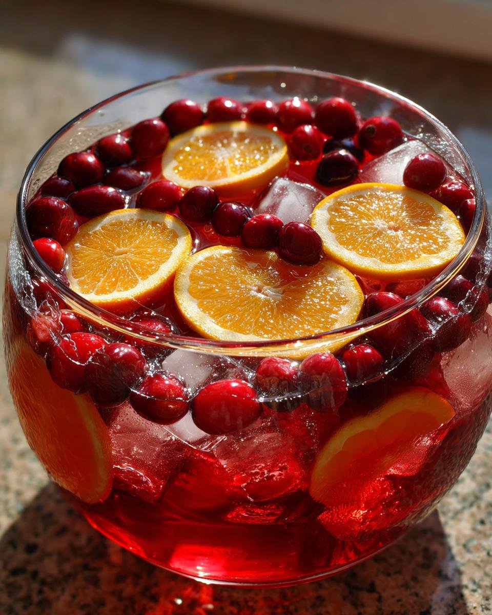 Close-up of a vibrant red Thanksgiving Punch garnished with fresh cranberries, orange slices, and ice cubes in a glass bowl.