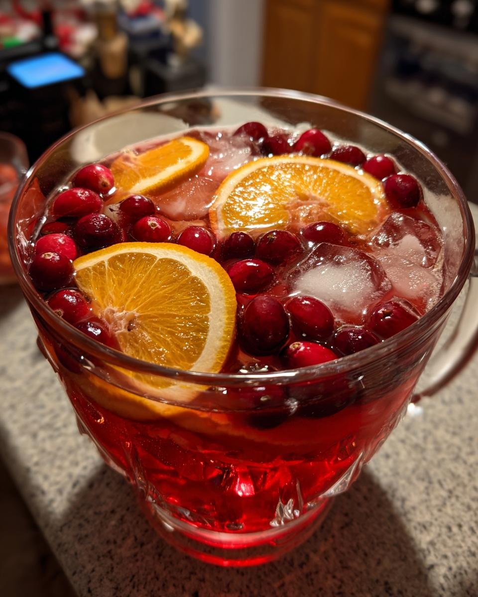 Close-up of a crystal punch bowl filled with bright red Thanksgiving Punch, garnished with fresh cranberries, orange slices, and ice.