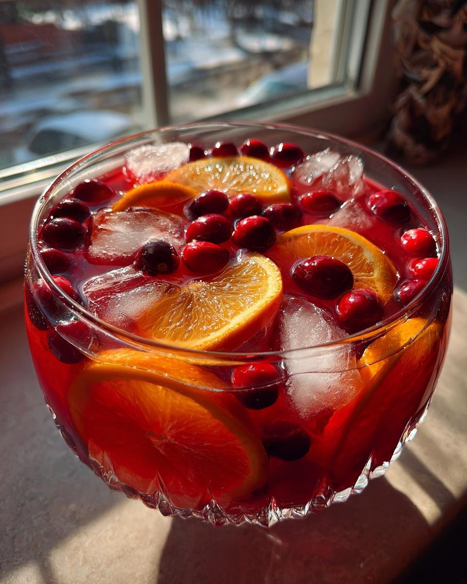 Close-up of a festive Thanksgiving Punch in a glass bowl, garnished with orange slices, fresh cranberries, and ice cubes.