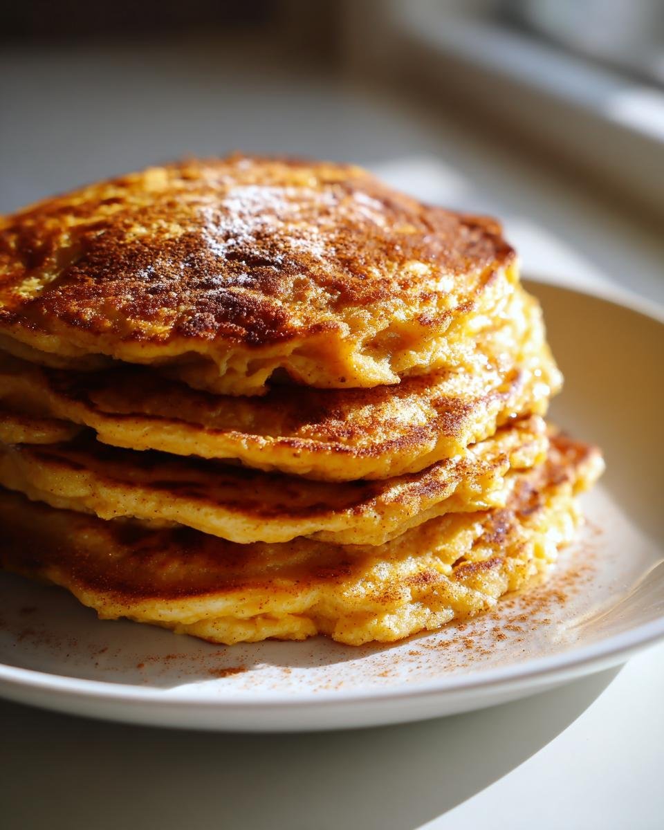 A stack of Thick Fluffy Sweet Potato Pancakes dusted with powdered sugar and cinnamon.
