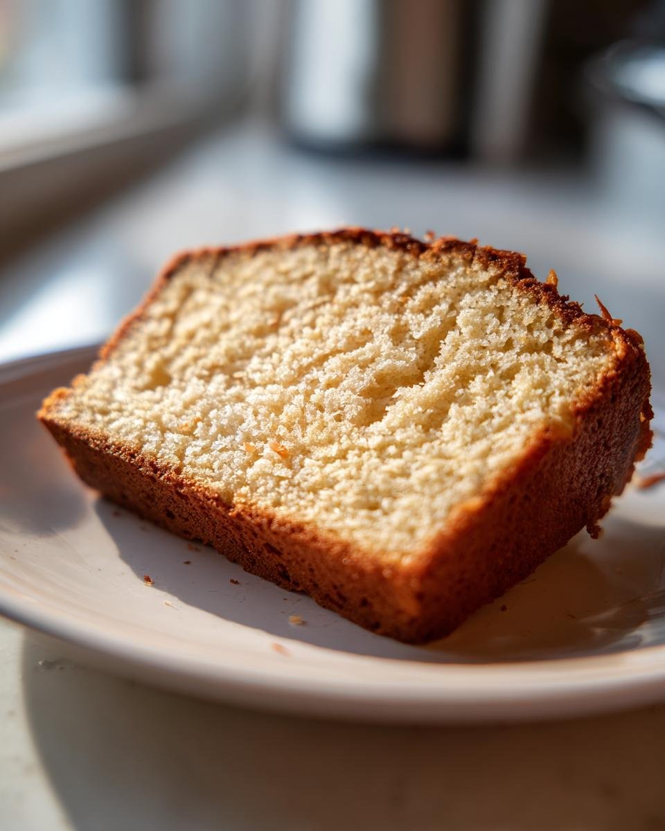 Close-up of a moist slice of Toasted Coconut Bread Gluten Free showing its light crumb texture.