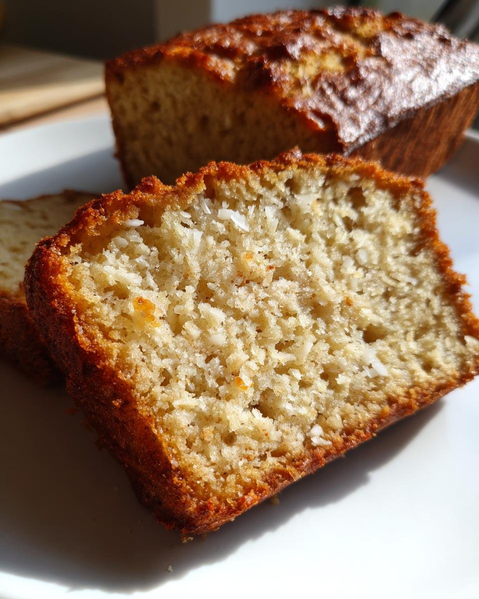 Close-up of a moist slice of Toasted Coconut Bread Gluten Free showing shredded coconut texture inside.
