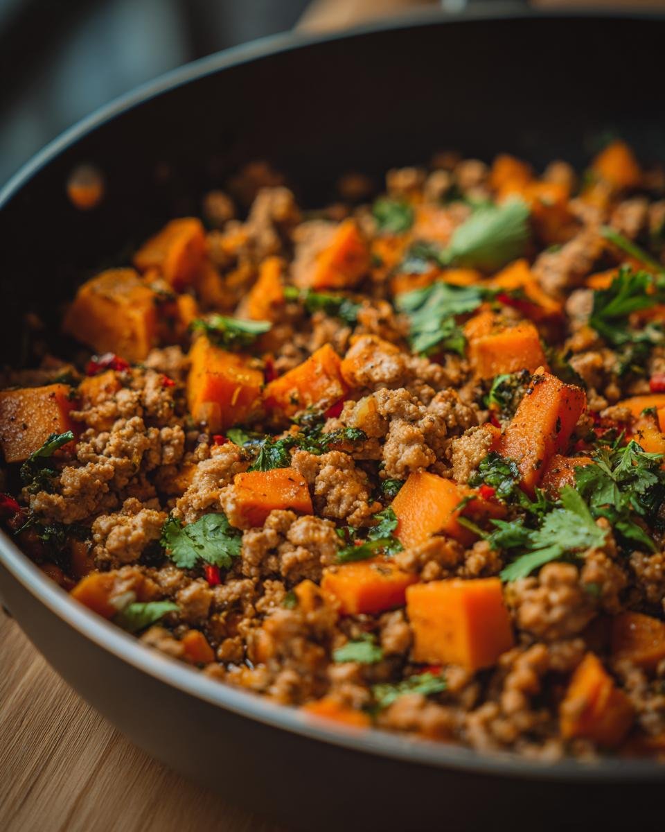 Close-up of an Irresistible Turkey Sweet Potato Skillet Recipe, showing ground turkey and diced sweet potatoes with herbs.
