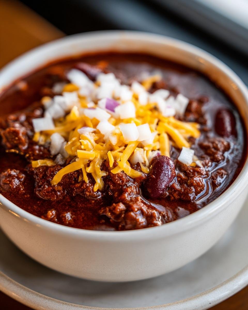 A close-up of a bowl of Ultimate Cincinnati Chili, topped with shredded cheddar cheese and diced white onions.
