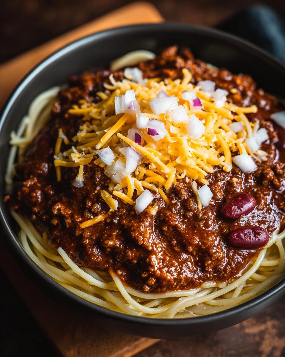A close-up of a bowl of Ultimate Cincinnati Chili Recipe served over spaghetti, topped with shredded cheese and diced onions.