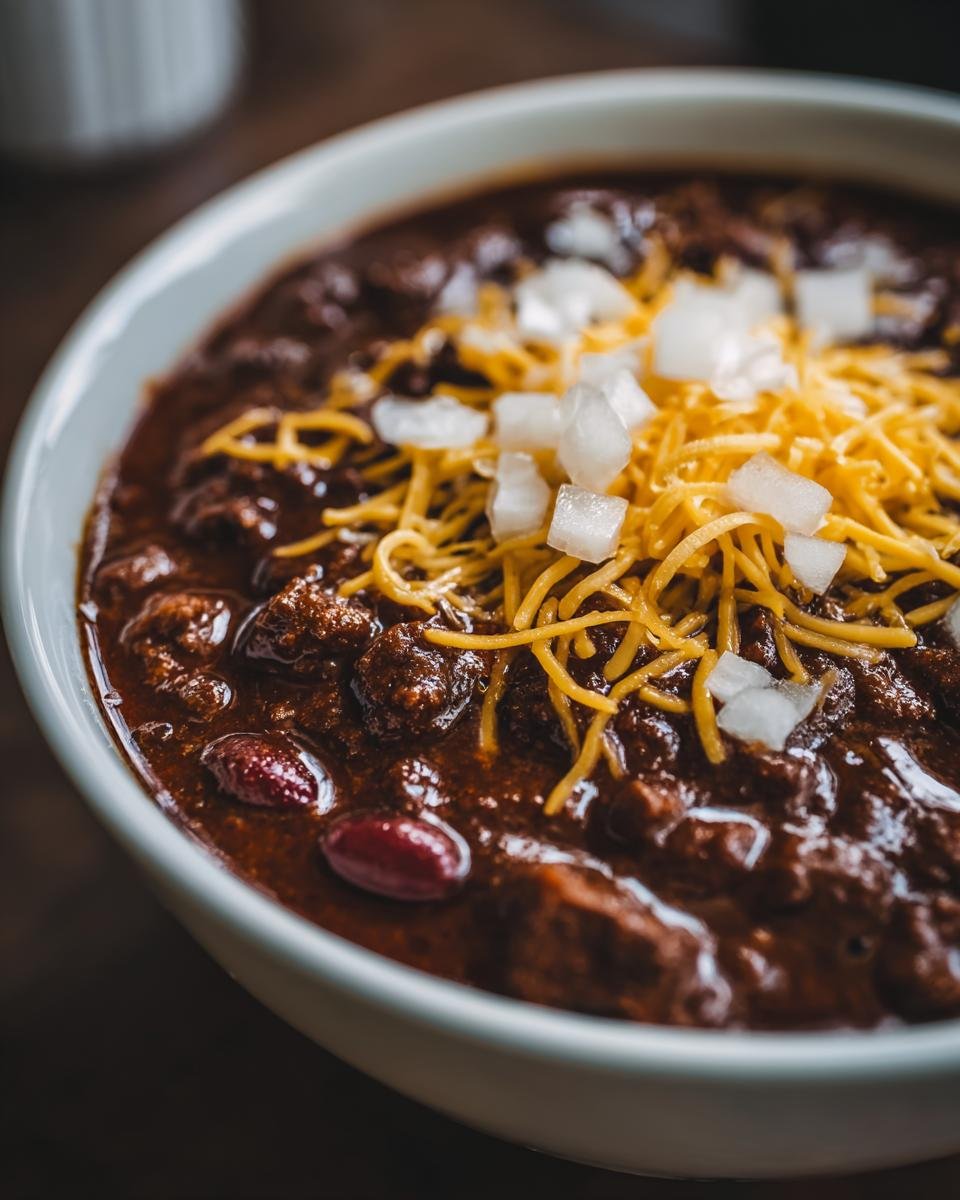 A close-up of a bowl of Ultimate Cincinnati Chili Recipe, topped with shredded cheddar cheese and diced onions.