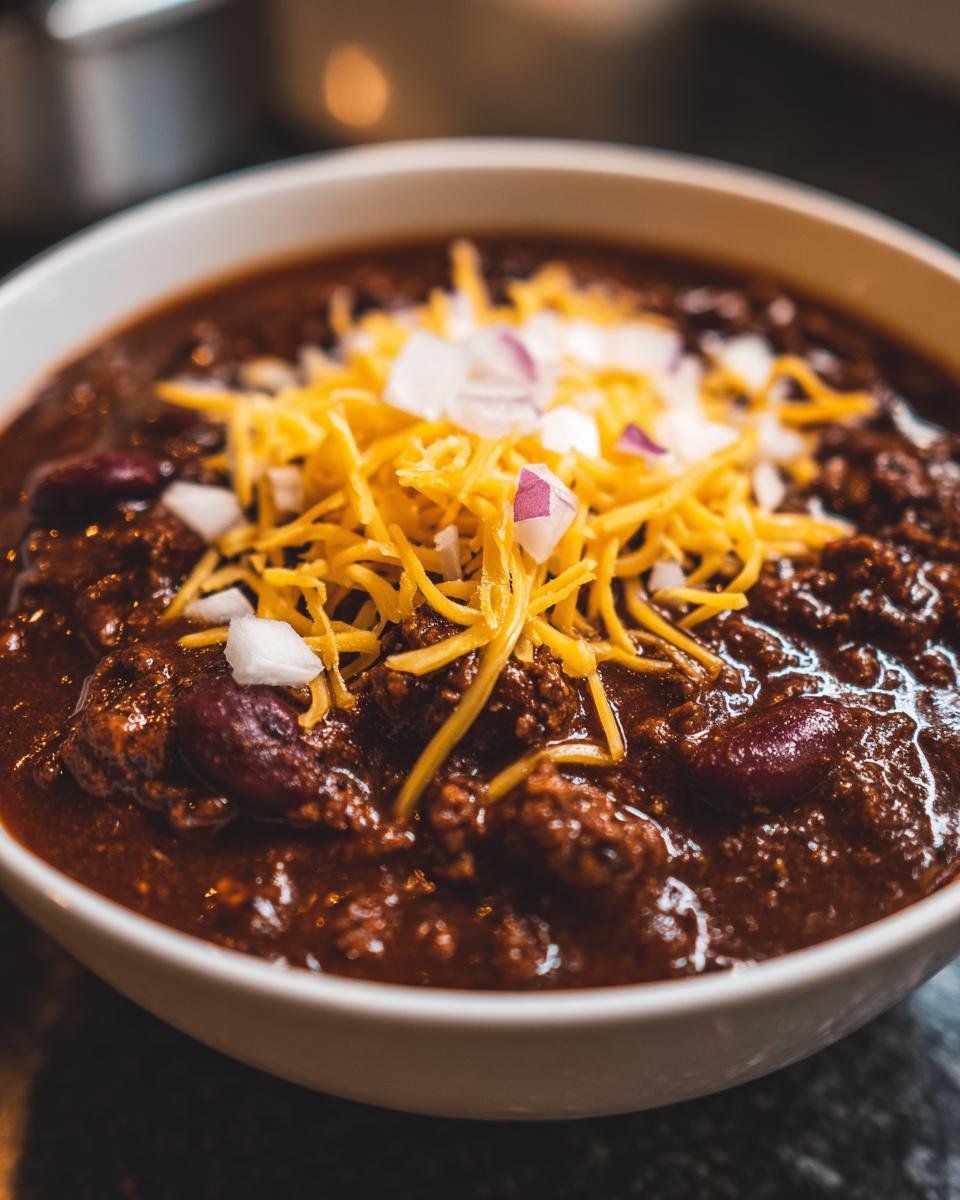 A close-up of a bowl of Ultimate Cincinnati Chili Recipe topped with shredded cheddar cheese and diced red onion.
