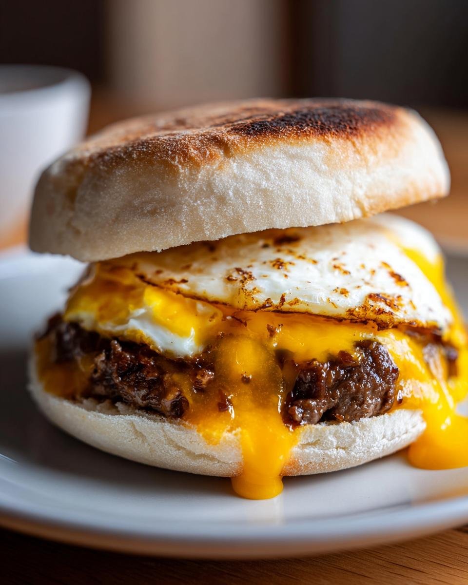 Close-up of an Ultimate English Muffin Breakfast Sandwich with a fried egg, melted cheese, and sausage patty.