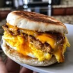 A delicious Ultimate English Muffin Breakfast Sandwich with sausage, scrambled eggs, and melted cheese.