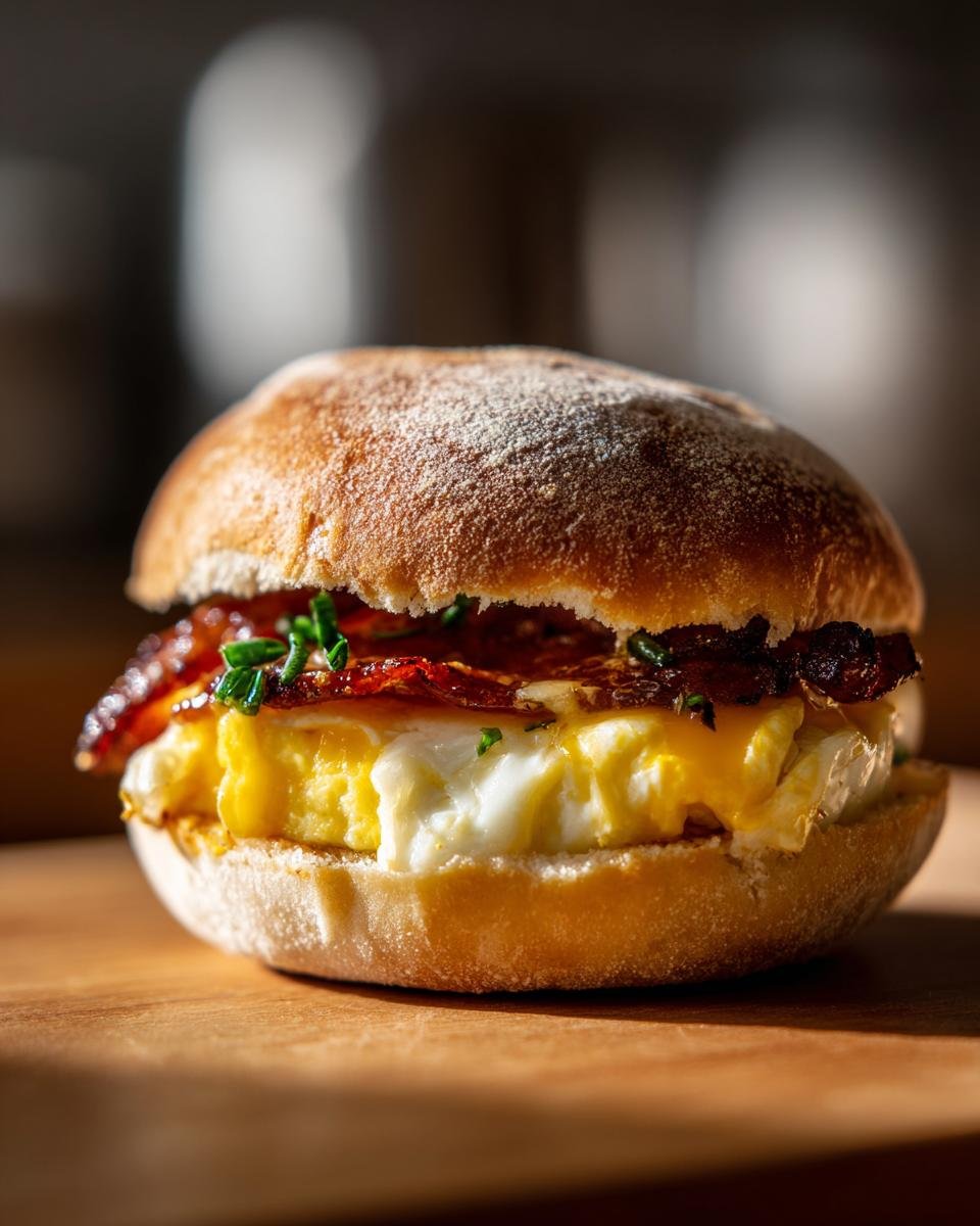 A delicious Ultimate English Muffin Breakfast Sandwich with scrambled eggs, bacon, and chives.