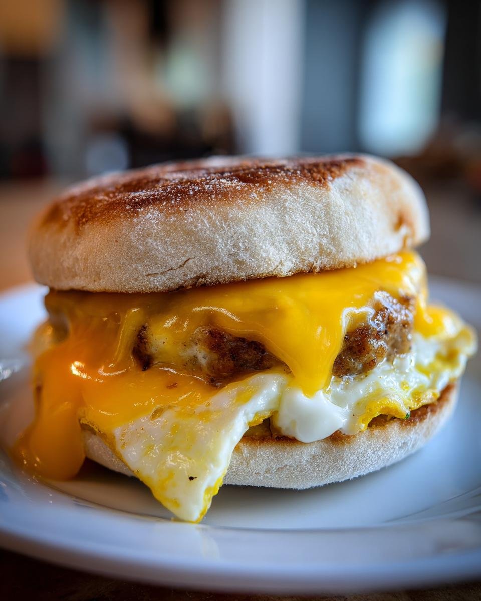 A close-up of the Ultimate English Muffin Breakfast Sandwich, featuring a sausage patty, fried egg, and melted cheddar cheese.