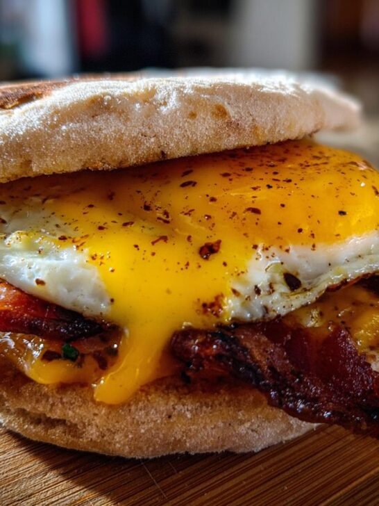 Close-up of an Ultimate English Muffin Breakfast Sandwich with a runny fried egg, crispy bacon, and melted cheese.