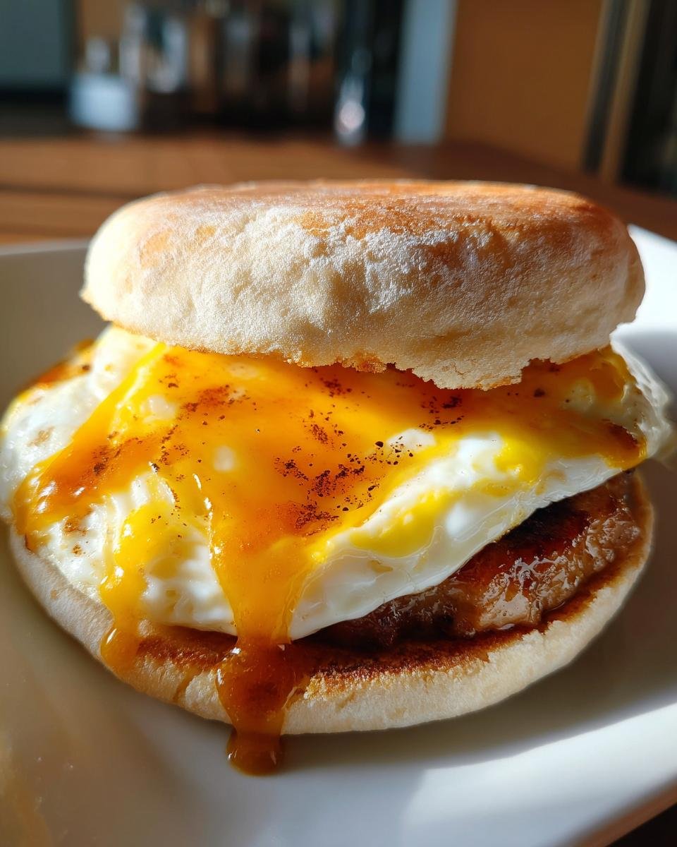 Close-up of an Ultimate English Muffin Breakfast Sandwich with a perfectly fried egg, runny yolk, and sausage patty.