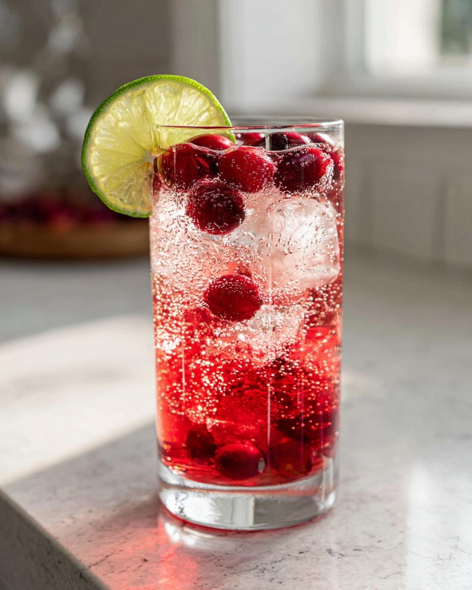 Close-up of the Ultimate Holiday Mocktail, a sparkling red drink with ice, cranberries, and a lime slice garnish.