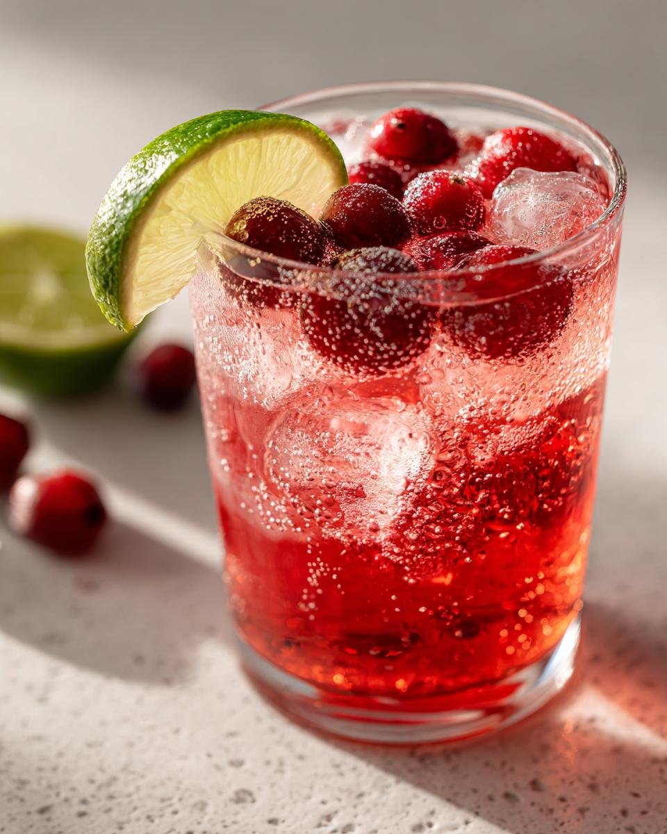 Close-up of a fizzy Ultimate Holiday Mocktail garnished with fresh cranberries and a lime wedge.