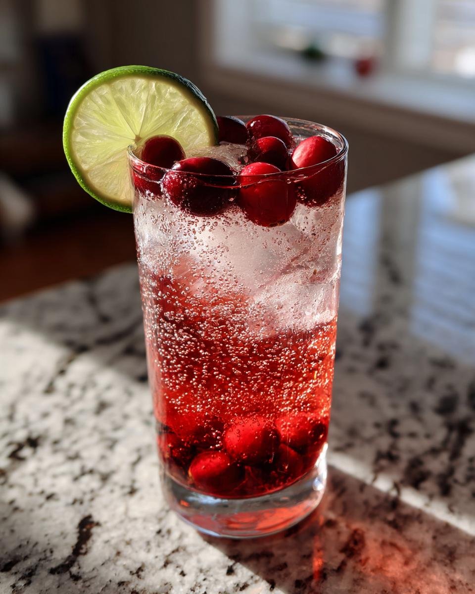 A tall glass filled with a sparkling red Ultimate Holiday Mocktail, garnished with fresh cranberries and a lime wheel.