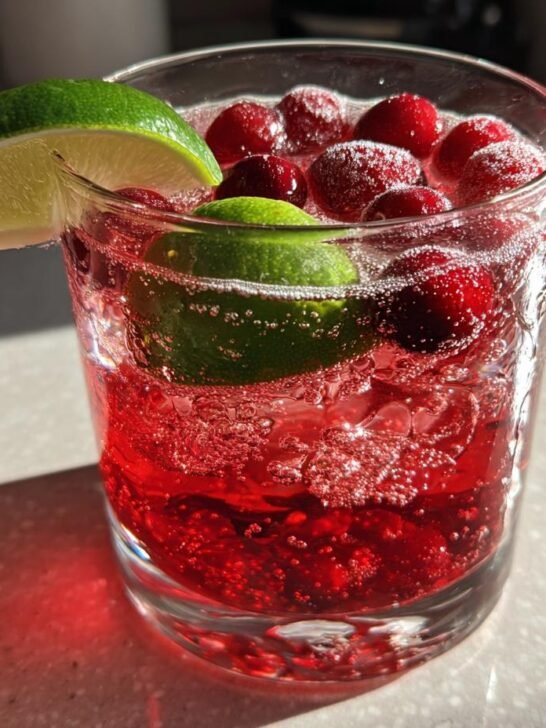 Close-up of the Ultimate Holiday Mocktail, a bubbly red drink garnished with fresh cranberries and lime wedges.