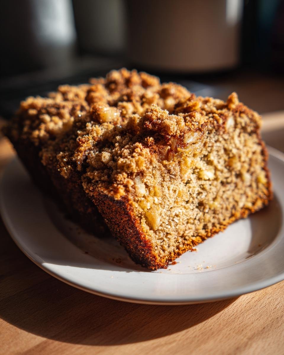 Close-up of a thick slice of moist Vegan Apple Cinnamon Crumble Bread with a crunchy brown sugar topping.