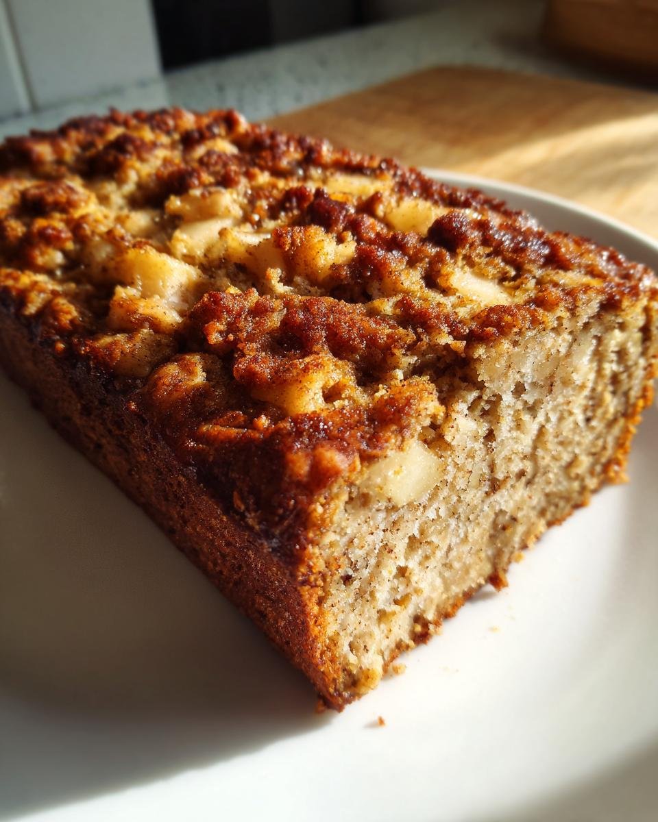 Close-up of a moist slice of Vegan Apple Cinnamon Crumble Bread with a dark, sugary crumble topping.