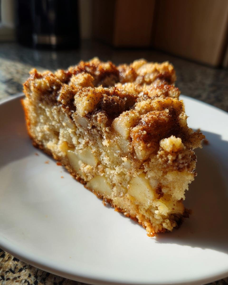 A close-up slice of moist Vegan Apple Cinnamon Crumble Bread showing chunks of apple and a sugary cinnamon topping.