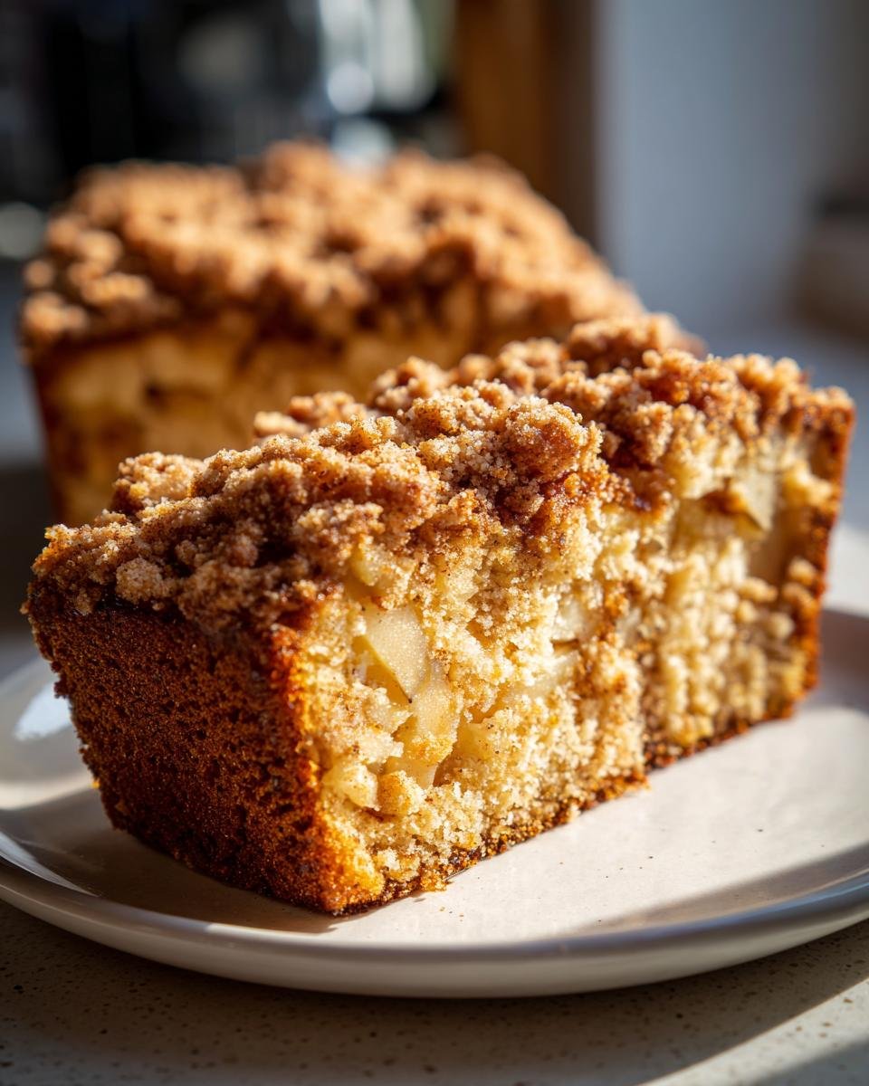 A thick slice of Vegan Apple Cinnamon Crumble Bread with visible apple chunks and a rich crumb topping.