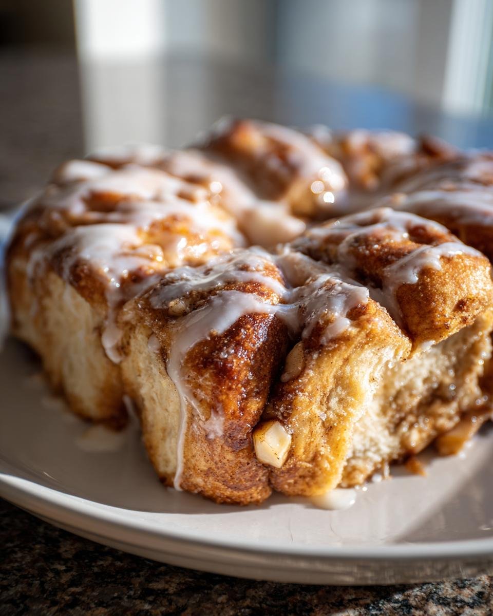 Close-up of freshly baked Vegan Apple Cinnamon Pull Apart Bread drizzled with white icing.